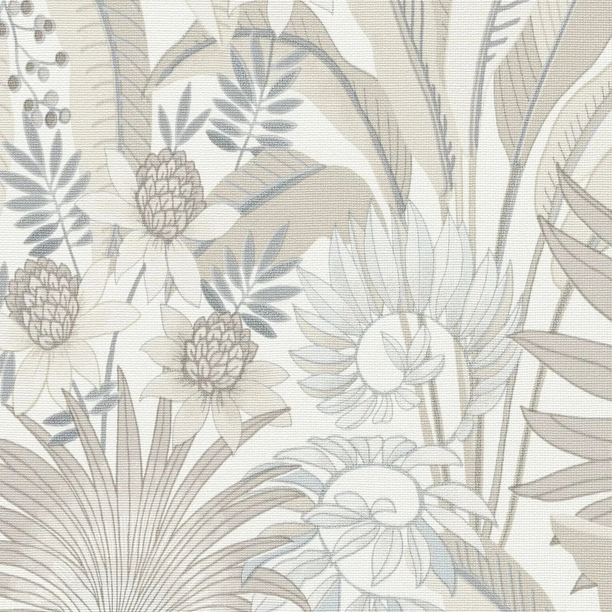 Tropu ziedu dizaina tapetes taupe un gaiši pelēkā krāsā uz balta pamata – 3755232, 🚀