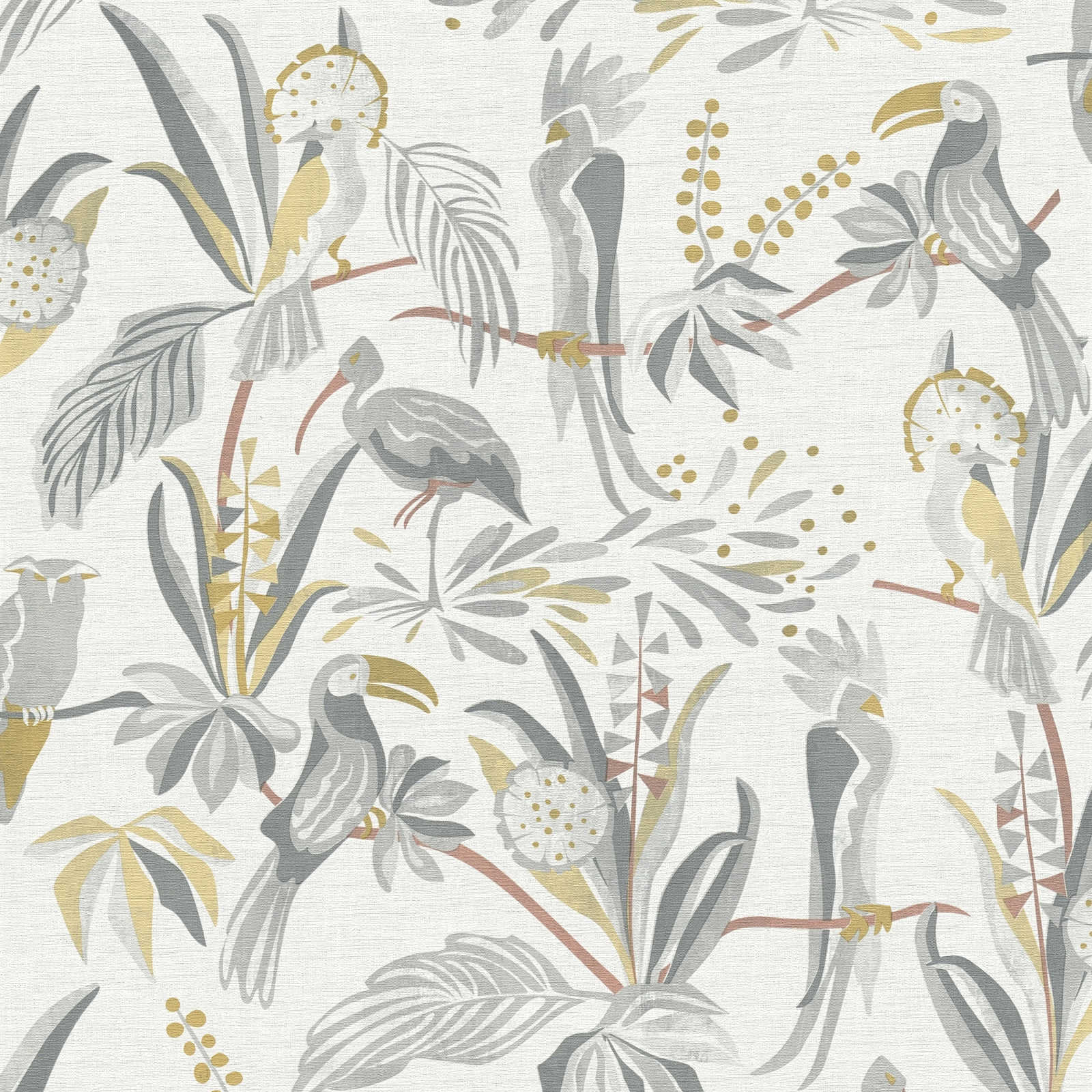 Gaiši pelēkas tapetes ar tropu augu un putnu motīvu lina efektā - guļamistabas interjerā