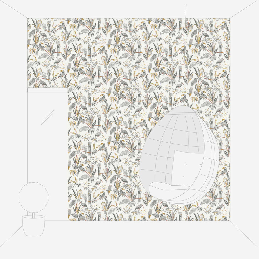 Gaiši pelēkas tapetes ar tropu augu un putnu motīvu lina efektā - vizualizācija interjerā