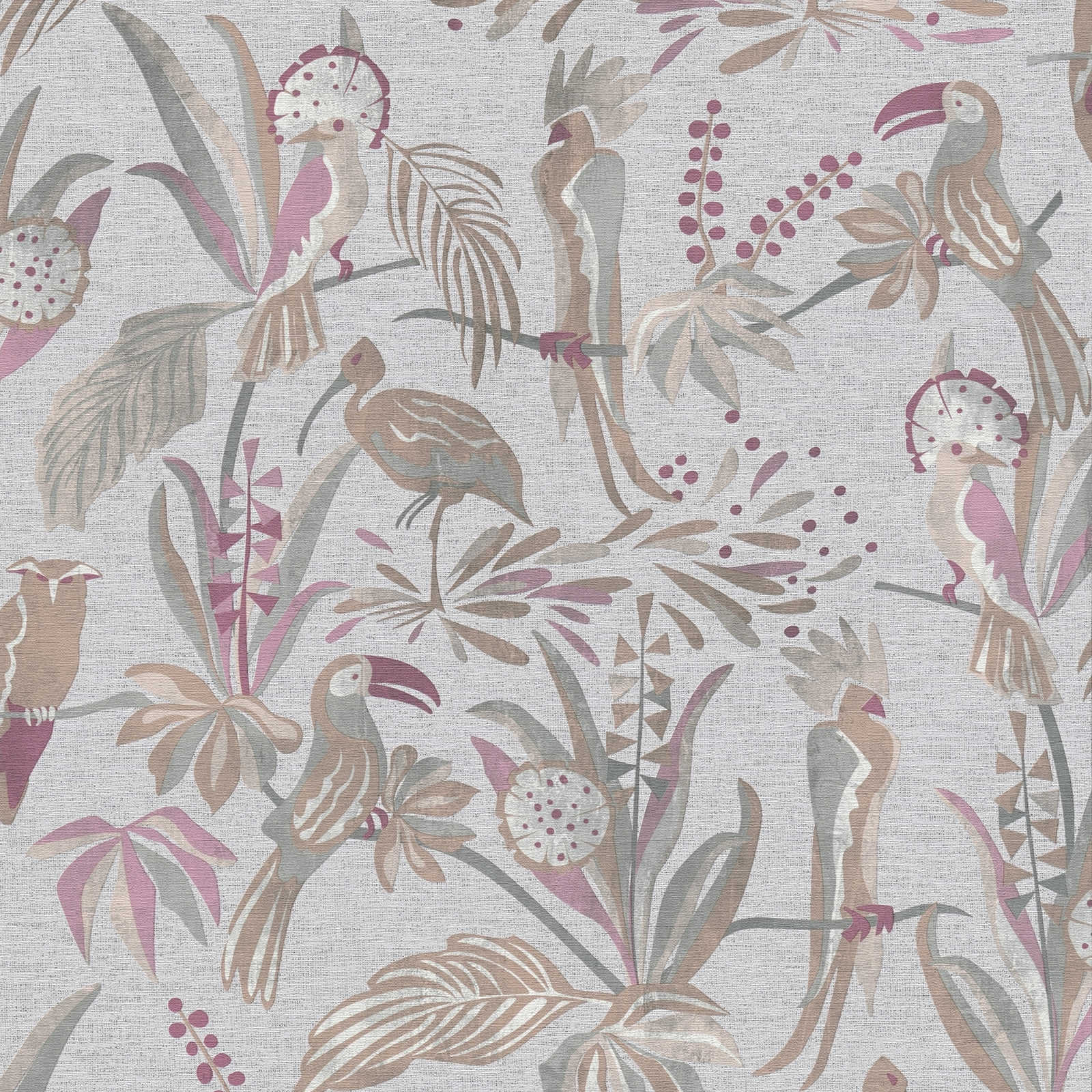 Tropisko augu un putnu tapetes lina tekstūrā pelēkbrūnā tonī - guļamistabas interjerā