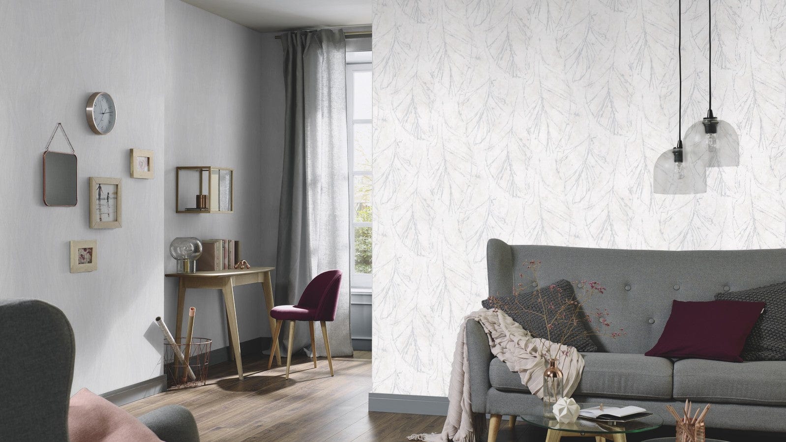 Gaiši pelēkas tapetes ar vieglu dabas motīvu gaisīgam un dabiskam izskatam, 3737703, showroom 8