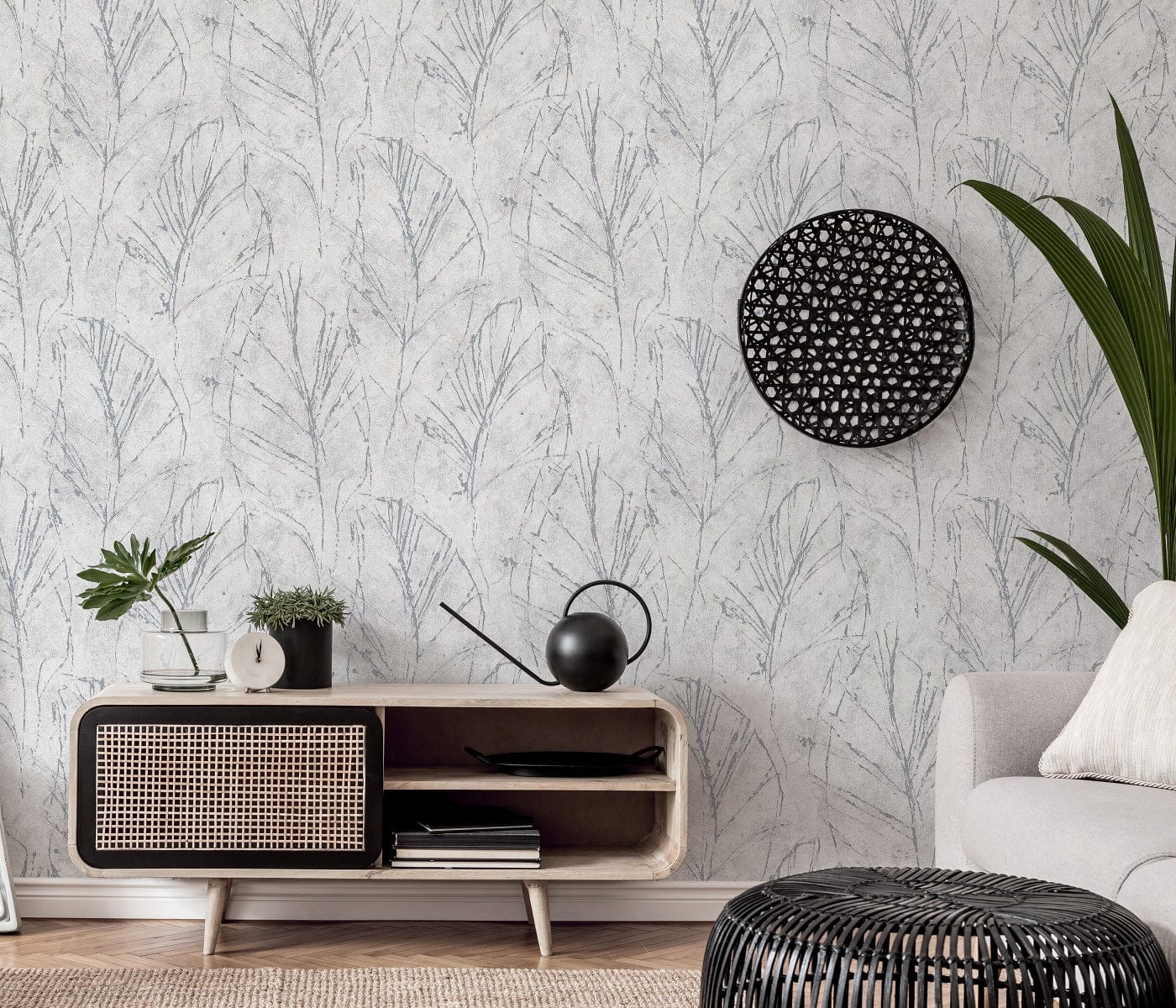 Tumši pelēkas tapetes ar dabas dizainu elegances piešķiršanai telpai, 3737656, showroom 3