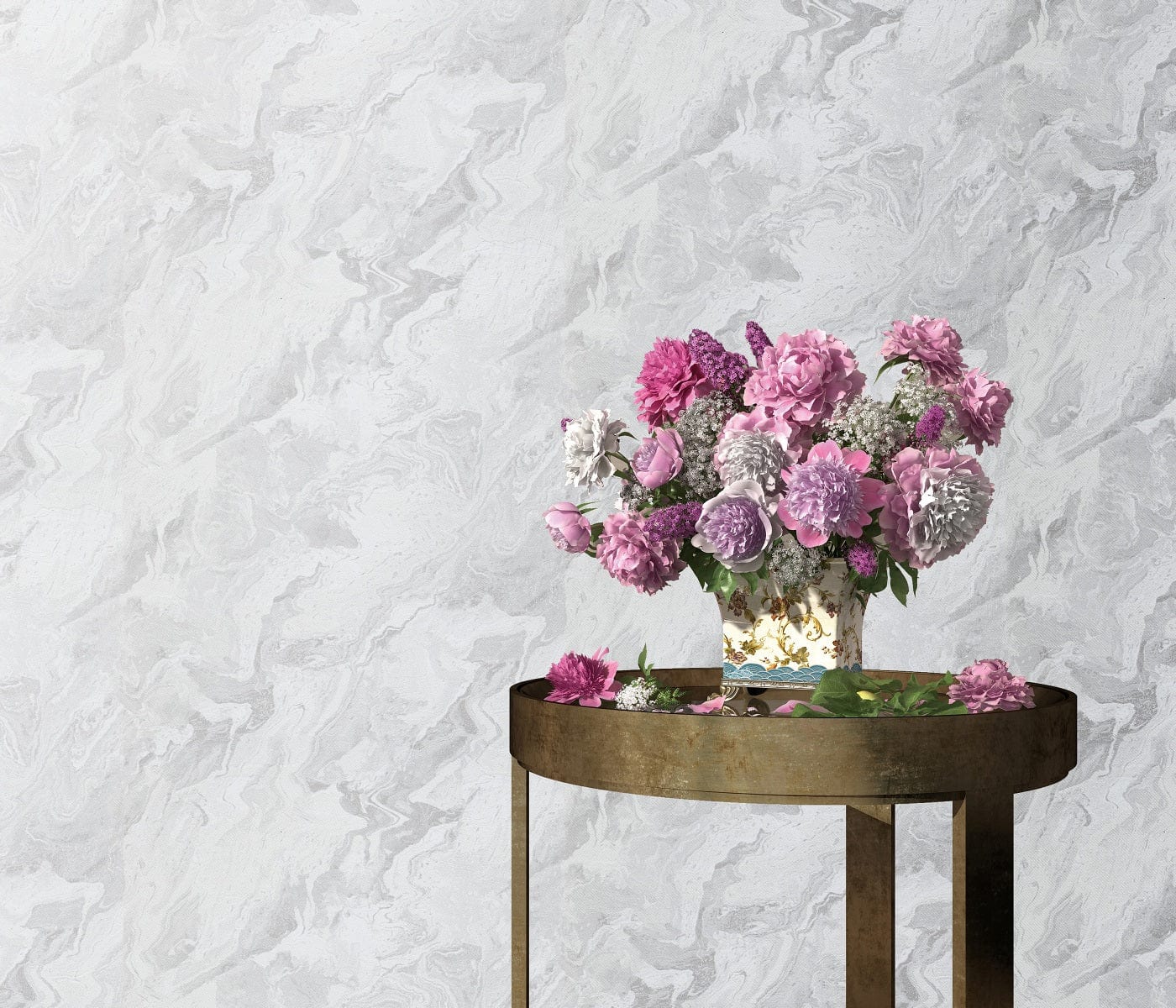 Gaiši pelēkas tapetes ar viļņotu marmora rakstu minimālistiskai telpai, 3737206, galerija 2