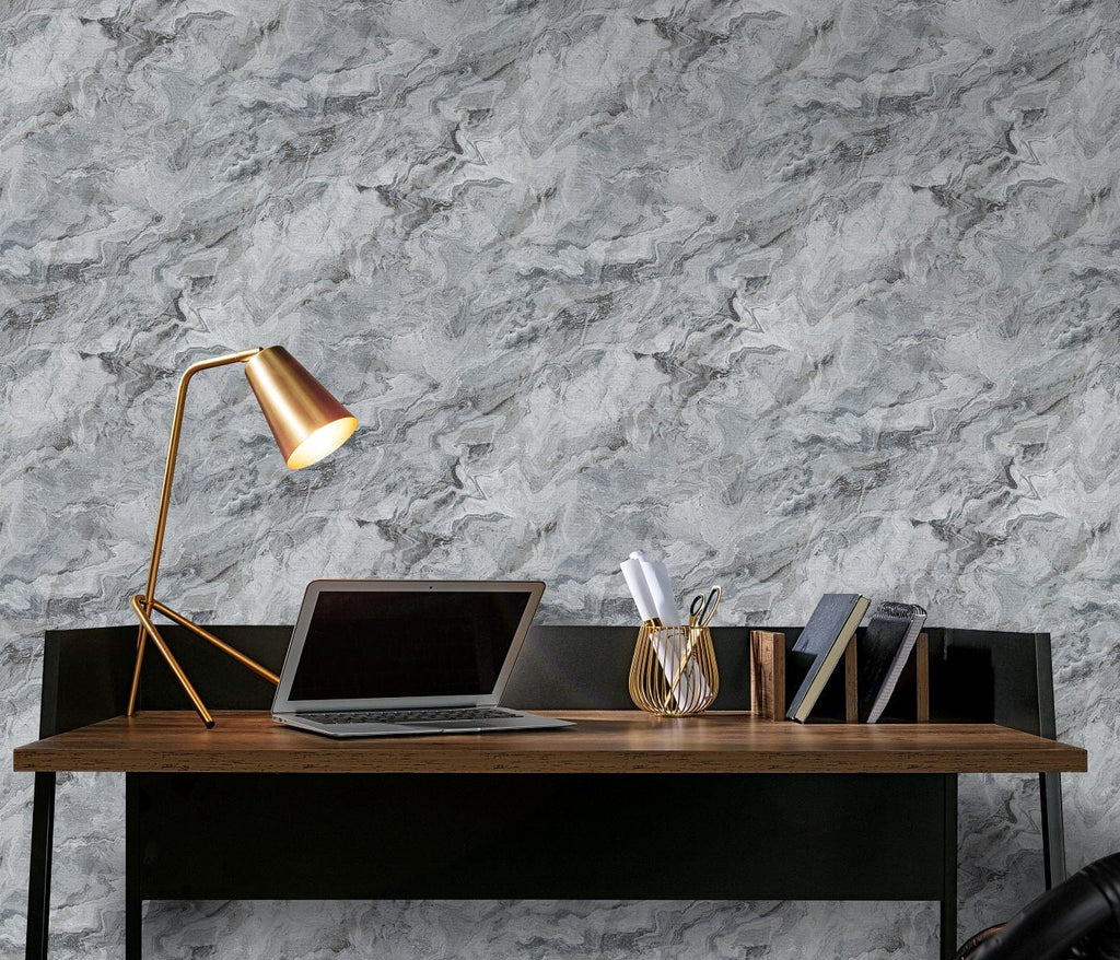 Tumši pelēkas marmora tapetes ar viļņu dizainu modernam interjeram, 3737247, showroom 3