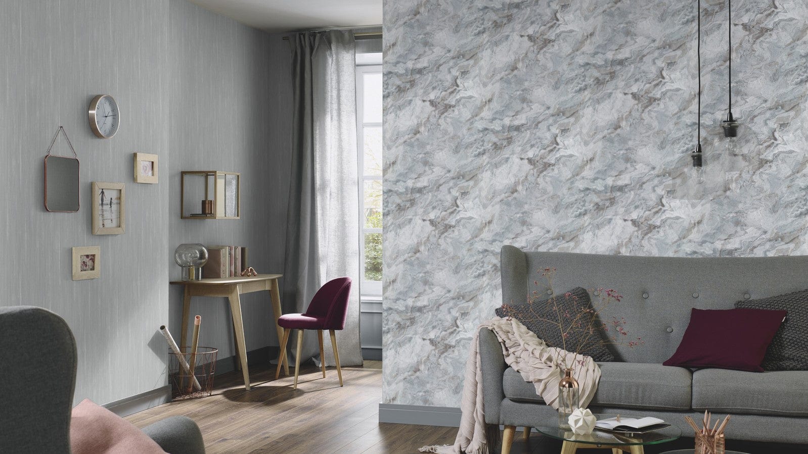 Tumši pelēkas marmora tapetes ar viļņu dizainu modernam interjeram, 3737247, showroom 6