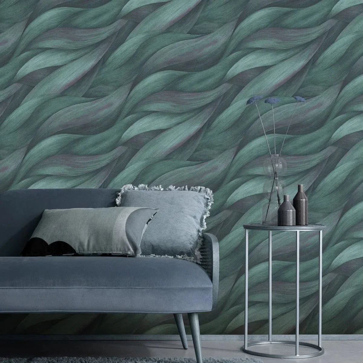 Zilās viļņveida tapetes elegantiem sienu akcentiem – iedvesma interjeram  