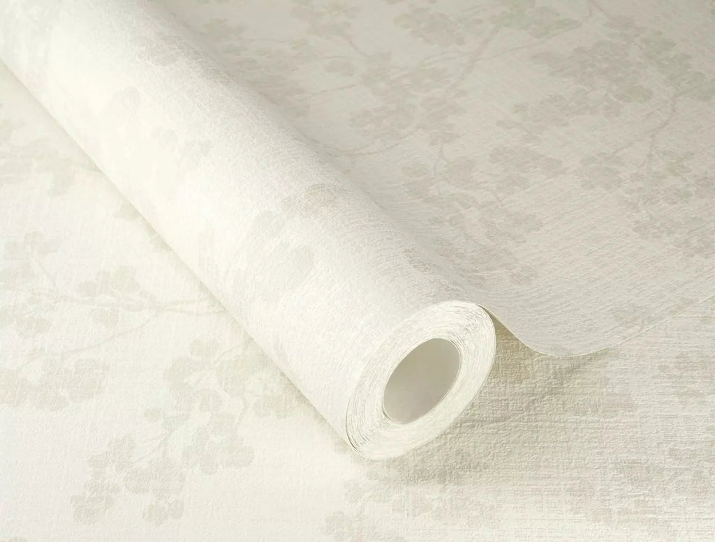 Baltas tapetes RASCH ar tekstila virsmu un smalkiem zariņiem, maigs spīdums, 653854, Welcome home