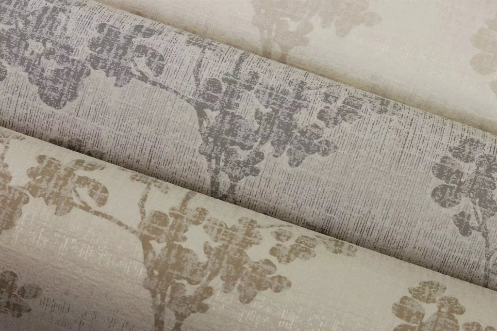 Pelēkas tapetes RASCH ar tekstila virsmu un smalkiem zariņiem, maigs spīdums, 653861, Welcome home