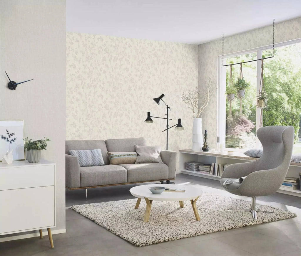 Pelēkas tapetes RASCH ar tekstila virsmu un smalkiem zariņiem, maigs spīdums, 653861, Welcome home