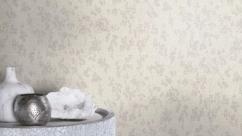 Pelēkas tapetes RASCH ar tekstila virsmu un smalkiem zariņiem, maigs spīdums, 653861, Welcome home