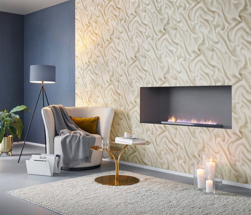 Spīdīgas tapetes ar zelta viļņiem un 3D efektu luksusa telpu noformējumam, 3707156, kabinetām - interjers 3