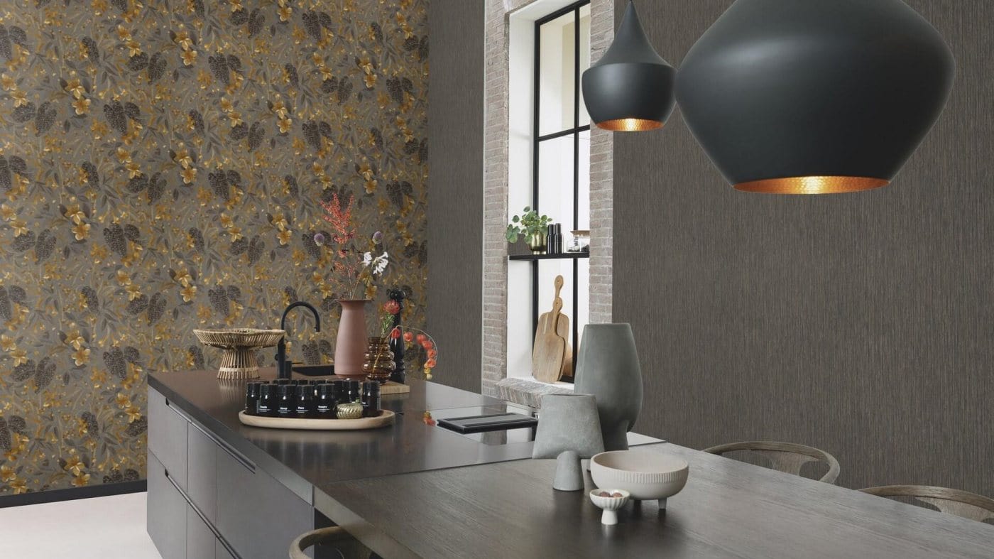 Tapetes ar ziedu un lapu rakstu, pelēkā, brūnā un zelta toņos, RASCH, 538229, Curiosity