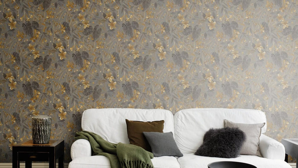 Tapetes ar ziedu un lapu rakstu, pelēkā, brūnā un zelta toņos, RASCH, 538229, Curiosity