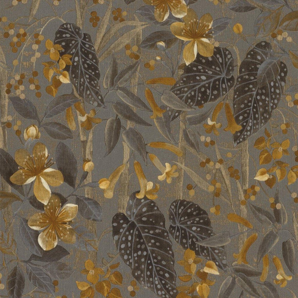 Tapetes ar ziedu un lapu rakstu, pelēkā, brūnā un zelta toņos, RASCH, 538229, Curiosity