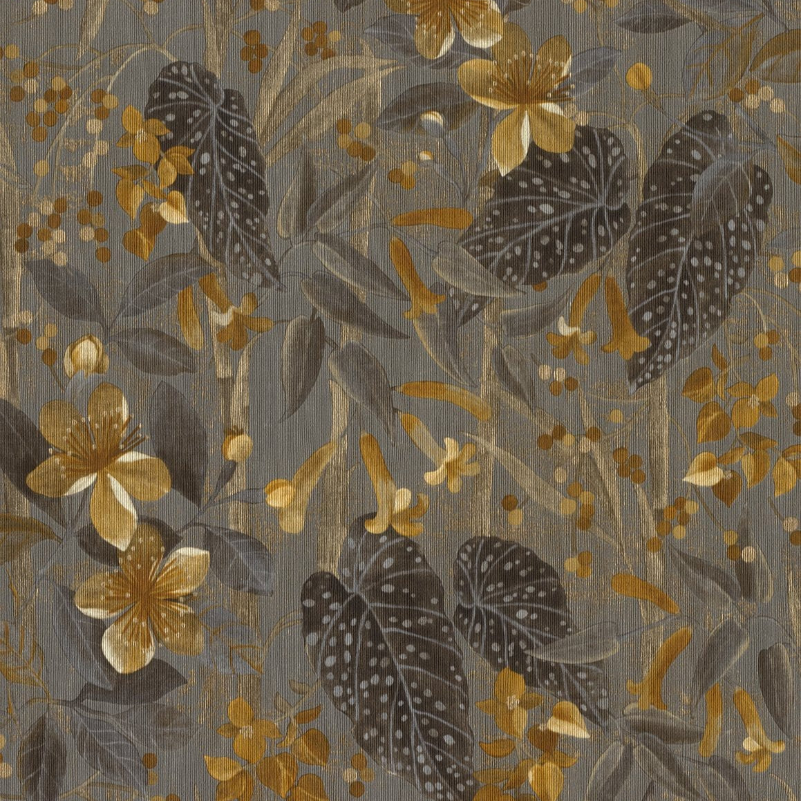 Tapetes ar ziedu un lapu rakstu, pelēkā, brūnā un zelta toņos, RASCH, 538229, Curiosity