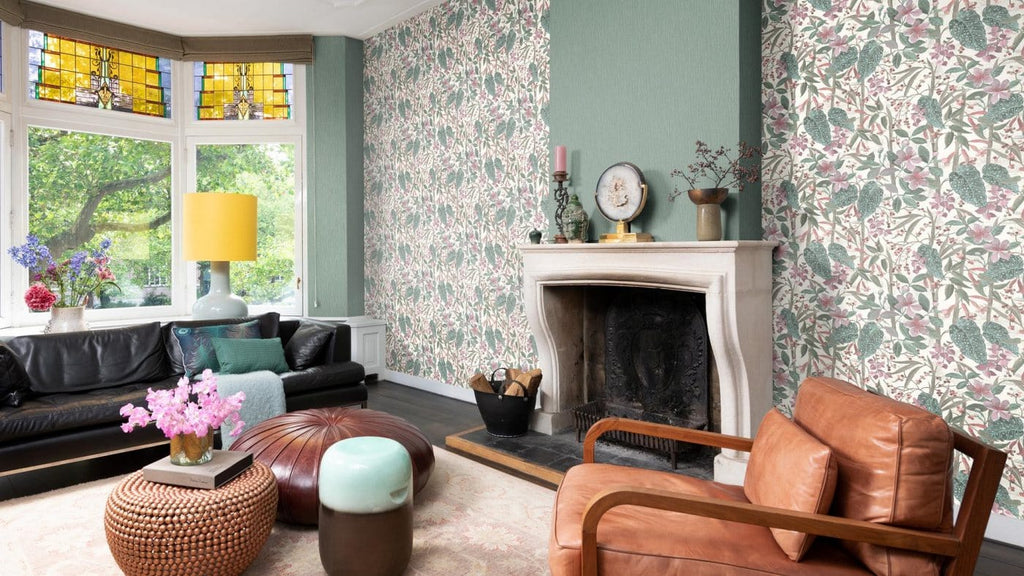 Tapetes ar ziedu un lapu rakstu, rozā, zaļā un krēmkrāsā, RASCH, 538212, Curiosity