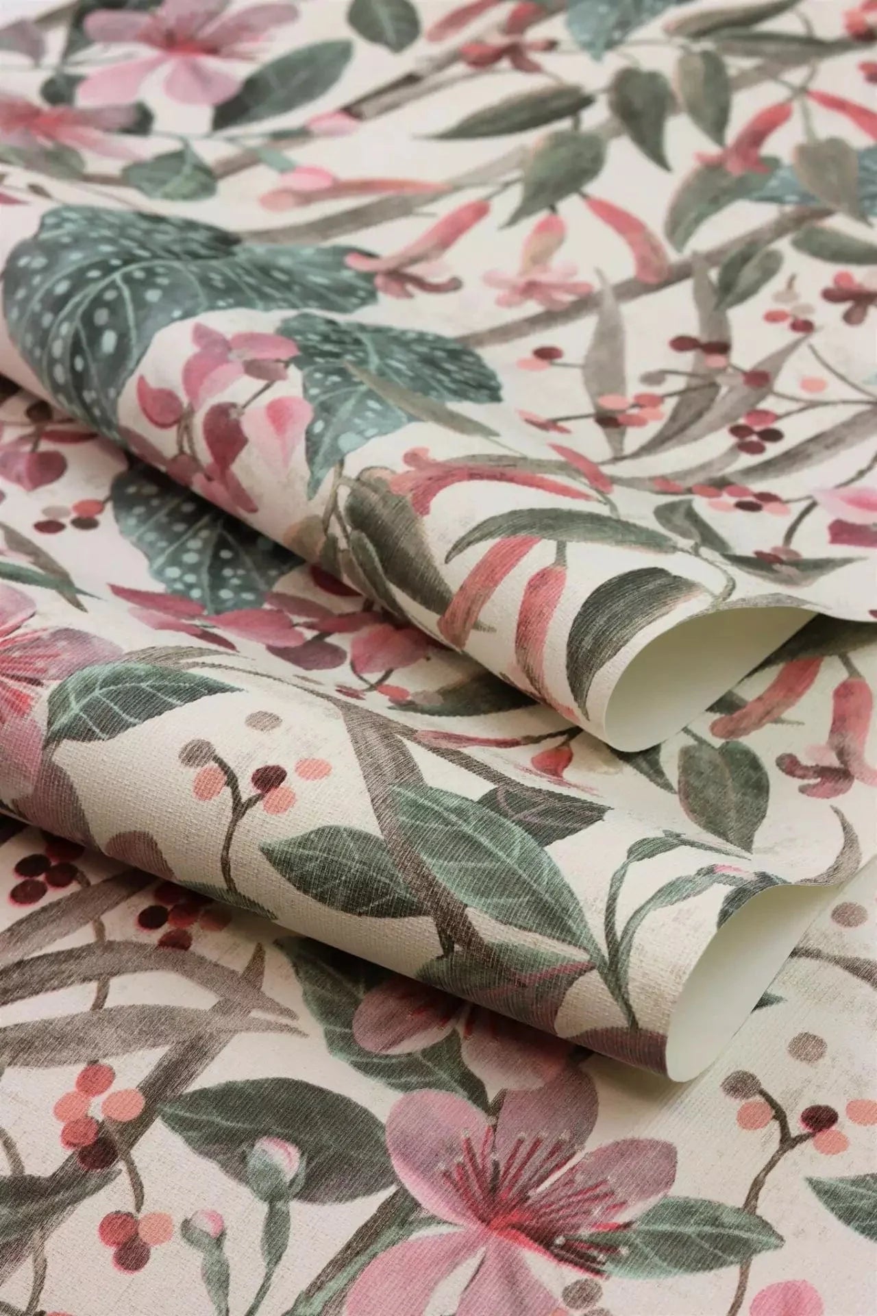 Tapetes ar ziedu un lapu rakstu, rozā, zaļā un krēmkrāsā, RASCH, 538212, Curiosity