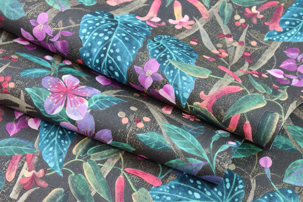 Tapetes ar ziedu un lapu rakstu, tirkīza, zaļā un melnā krāsā, RASCH, 538236, Curiosity