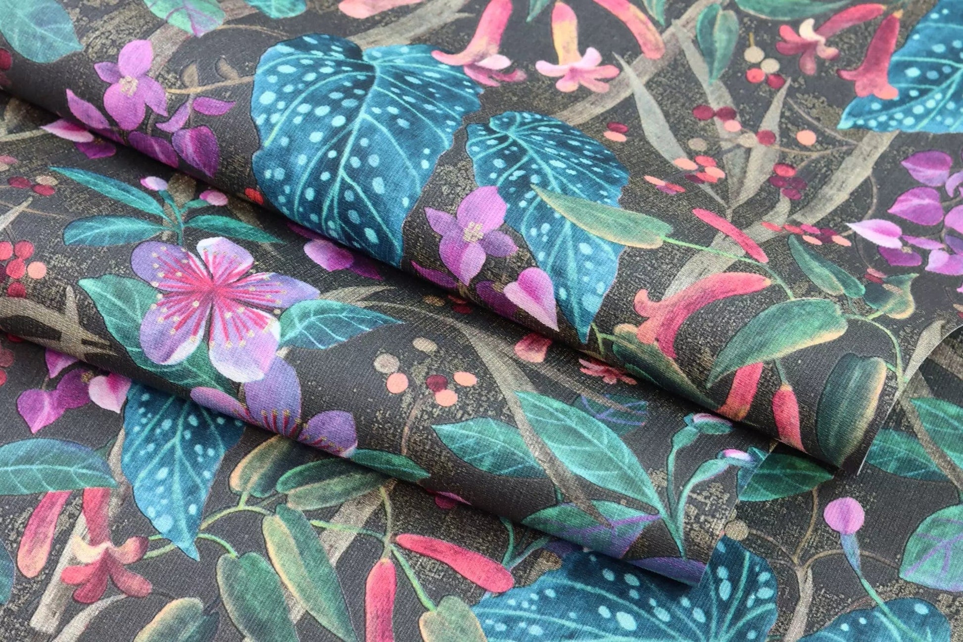 Tapetes ar ziedu un lapu rakstu, tirkīza, zaļā un melnā krāsā, RASCH, 538236, Curiosity