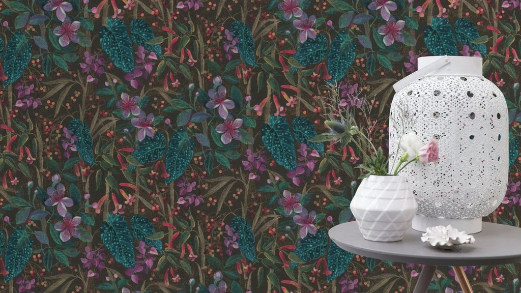 Tapetes ar ziedu un lapu rakstu, tirkīza, zaļā un melnā krāsā, RASCH, 538236, Curiosity