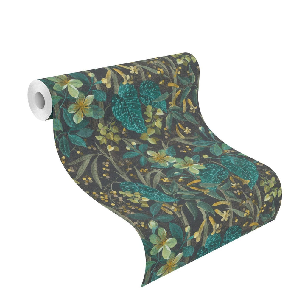 Tapetes ar ziedu un lapu rakstu, zaļā un melnā krāsā, RASCH, 538243, Curiosity