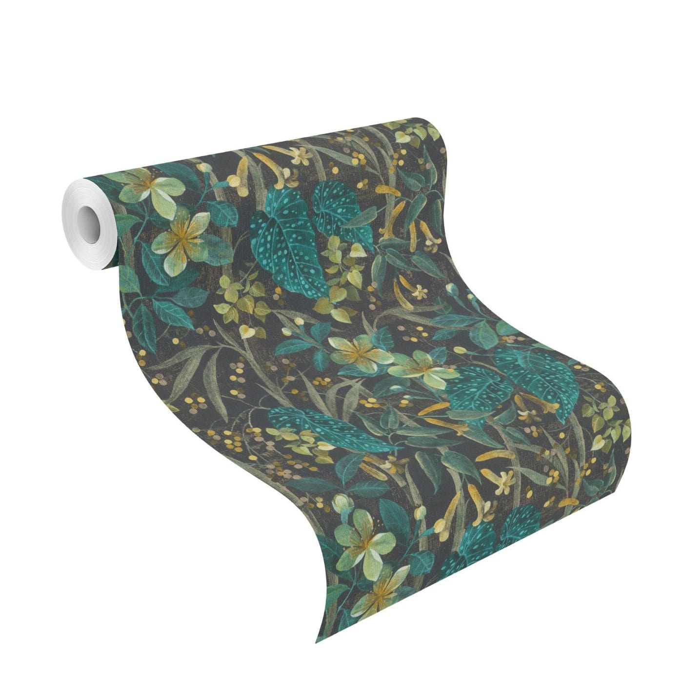 Tapetes ar ziedu un lapu rakstu, zaļā un melnā krāsā, RASCH, 538243, Curiosity