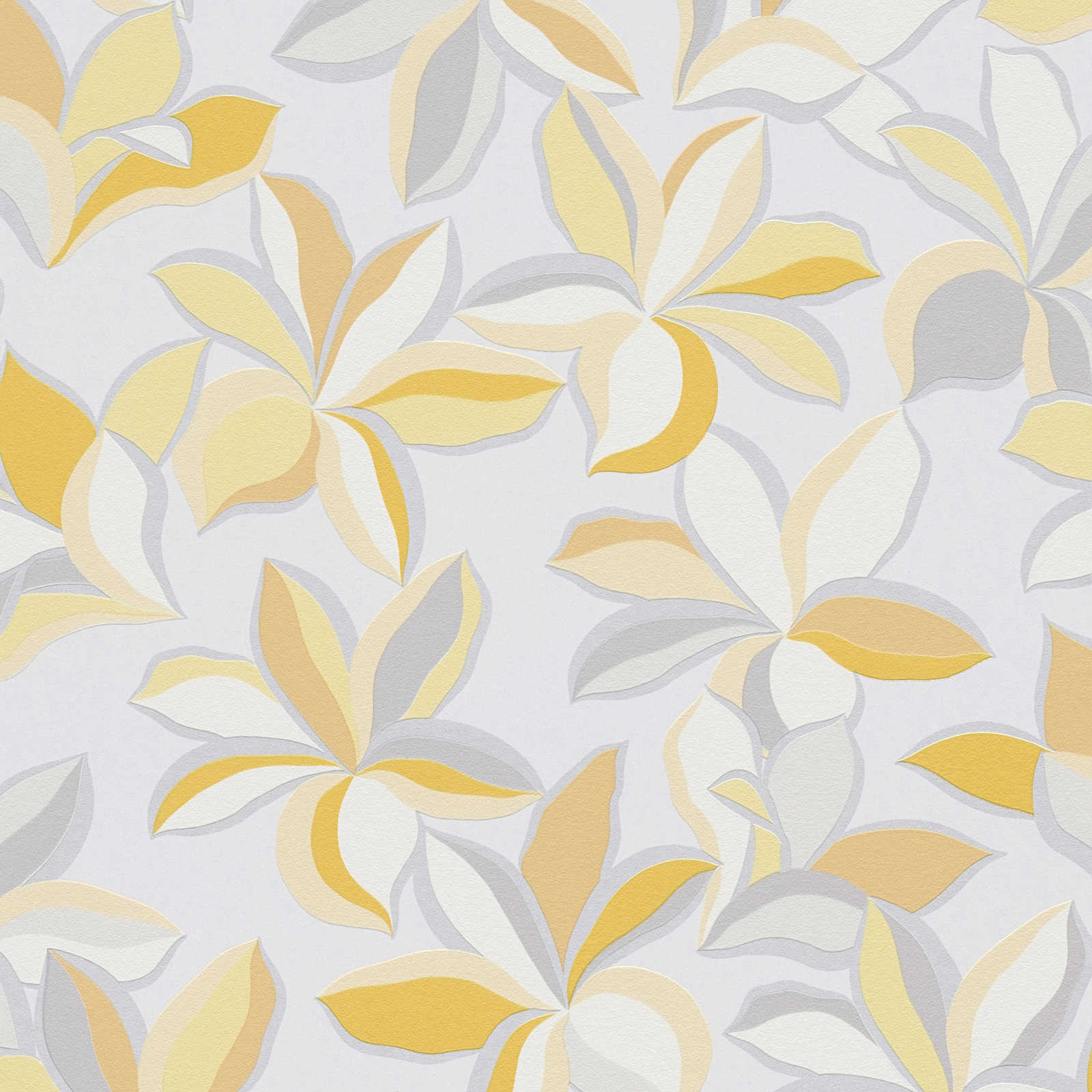 Ziedu tapetes dzeltenā un pelēkā krāsā ar spīduma efektu - viesistabas interjerā