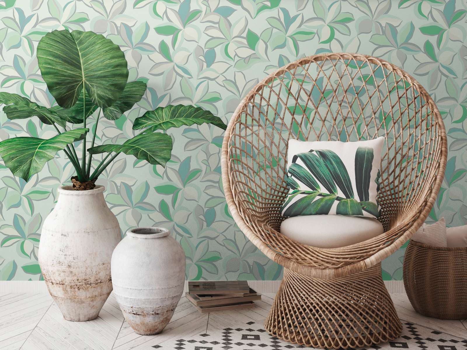 Zaļas tapetes ar spīdīgu ziedu dizainu un tekstūru - guļamistabas interjerā