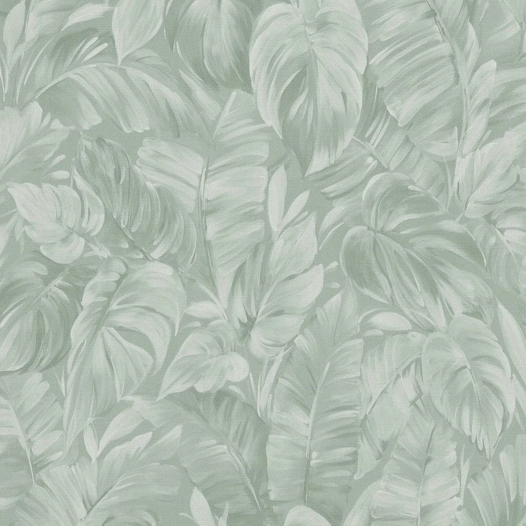 Zaļas tropiskā stila tapetes ar tekstila efektu – Erismann interjera ideja  
