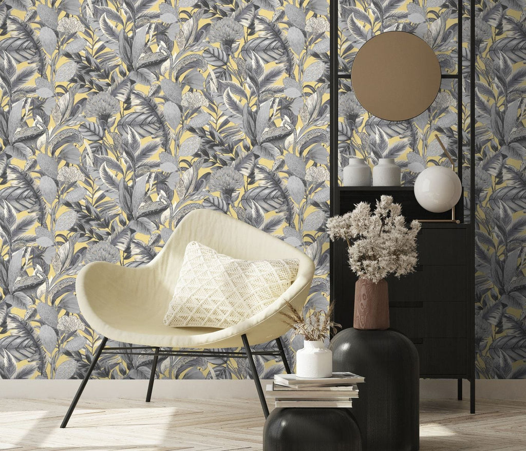 Sienu tapetes ar eksotisku lapu rakstu dzeltenos un pelēkos toņos, 3710467, piemērs 3
