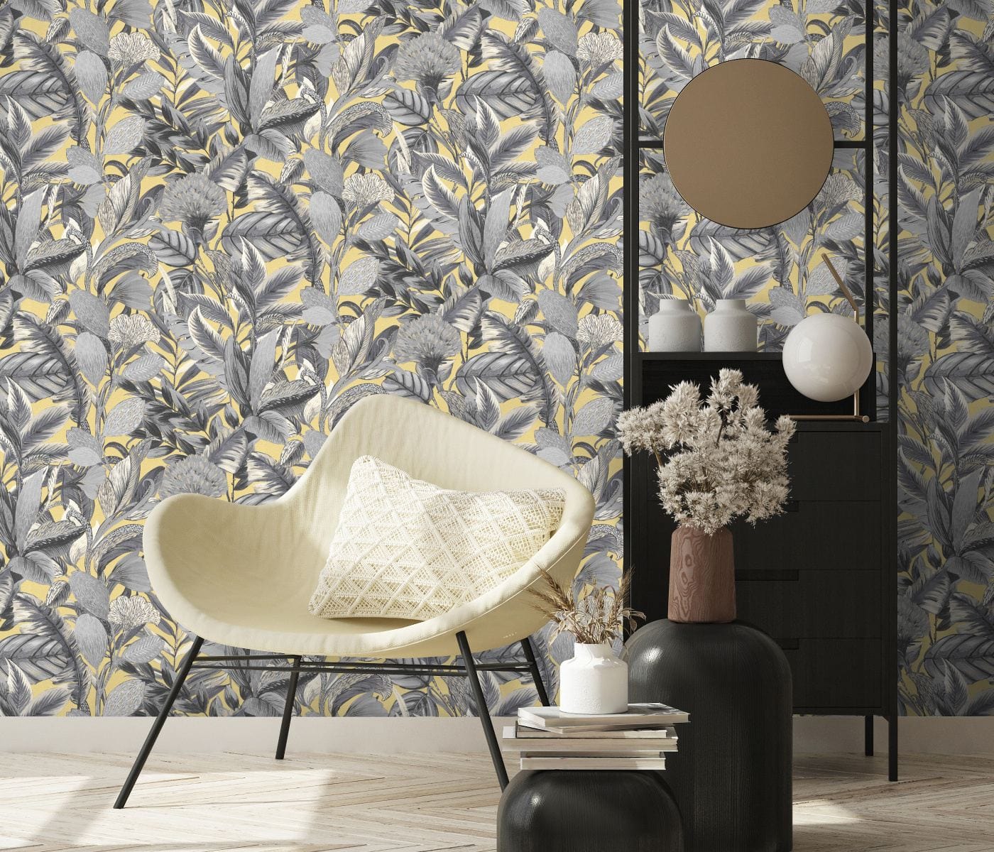 Sienu tapetes ar eksotisku lapu rakstu dzeltenos un pelēkos toņos, 3710467, piemērs 3