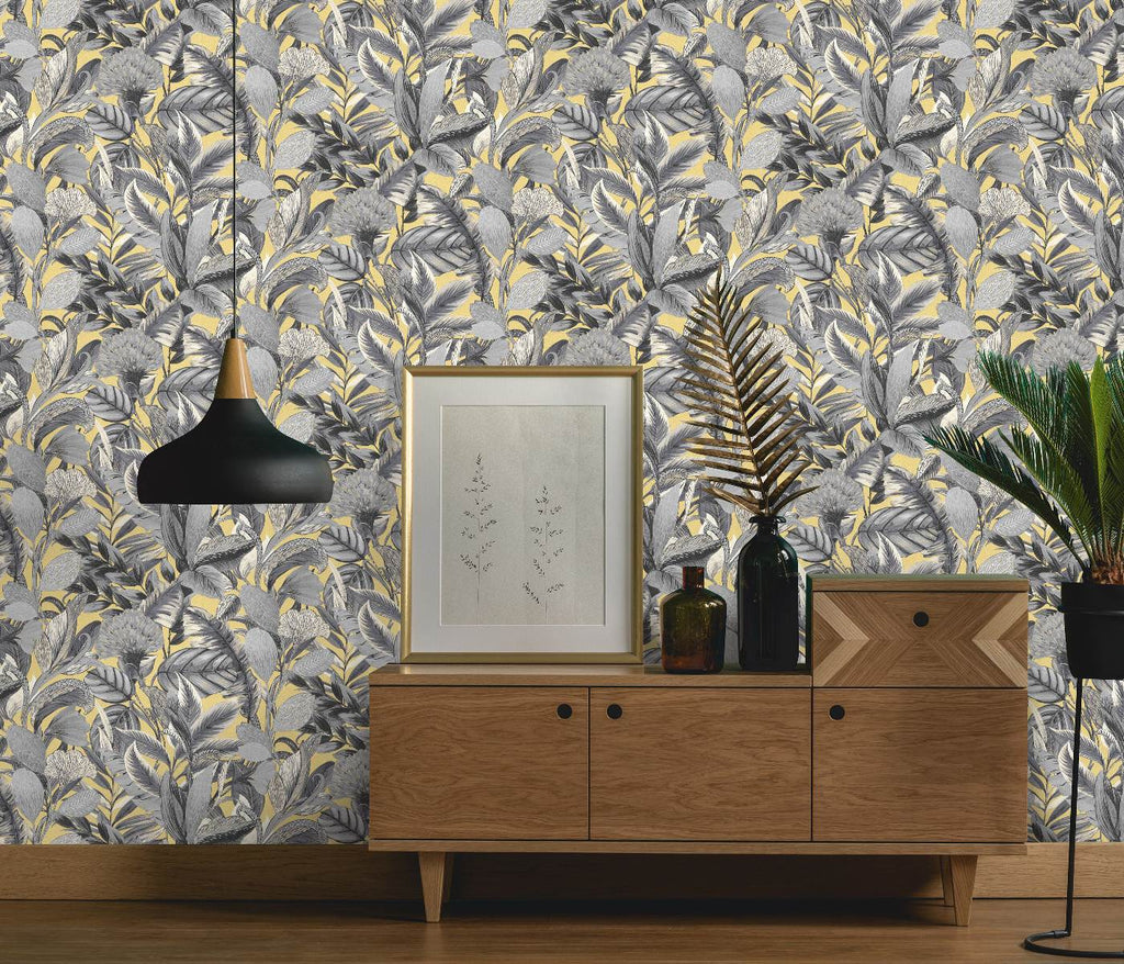 Sienu tapetes ar eksotisku lapu rakstu dzeltenos un pelēkos toņos, 3710467, piemērs 2