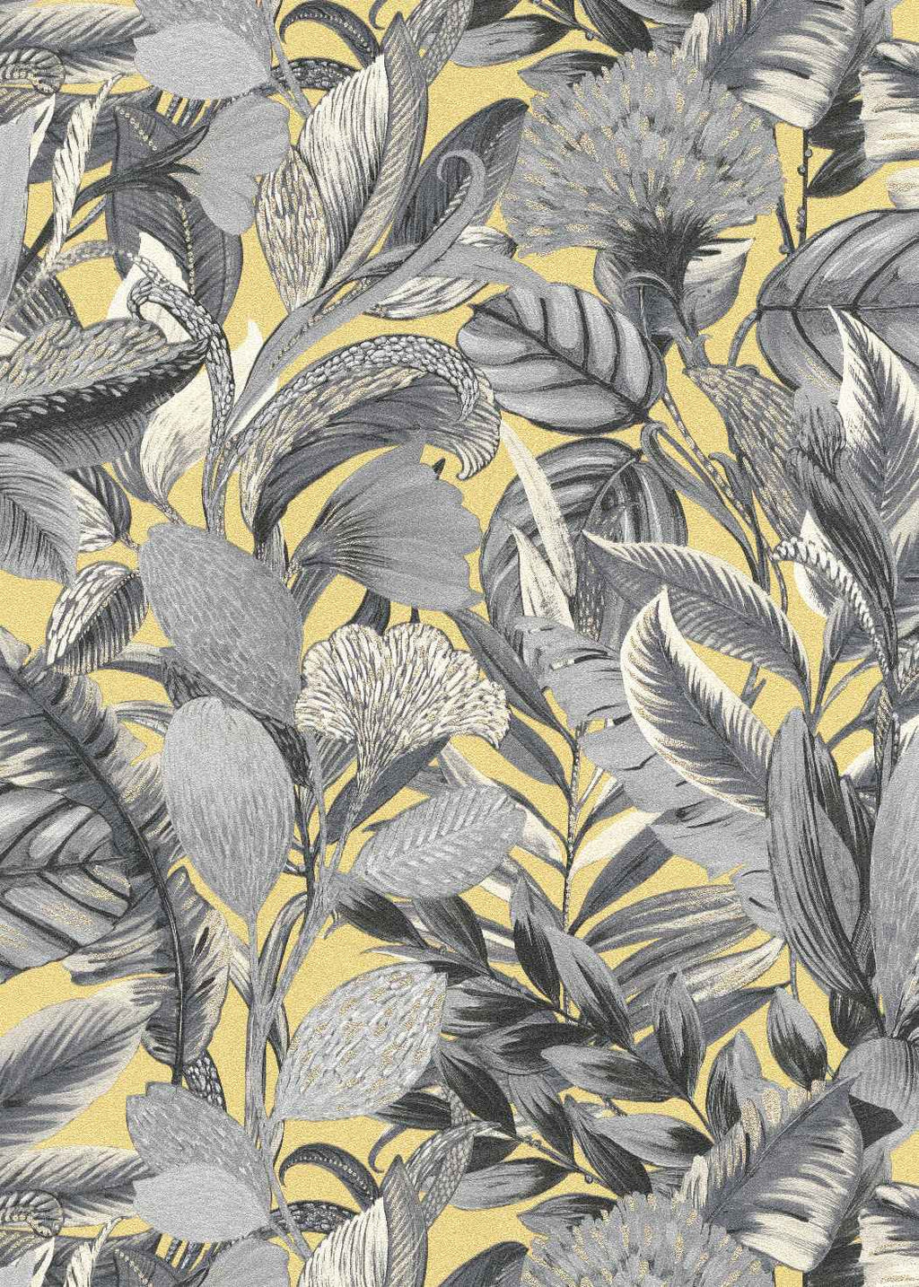Sienu tapetes ar eksotisku lapu rakstu dzeltenos un pelēkos toņos, 3710467, piemērs 1