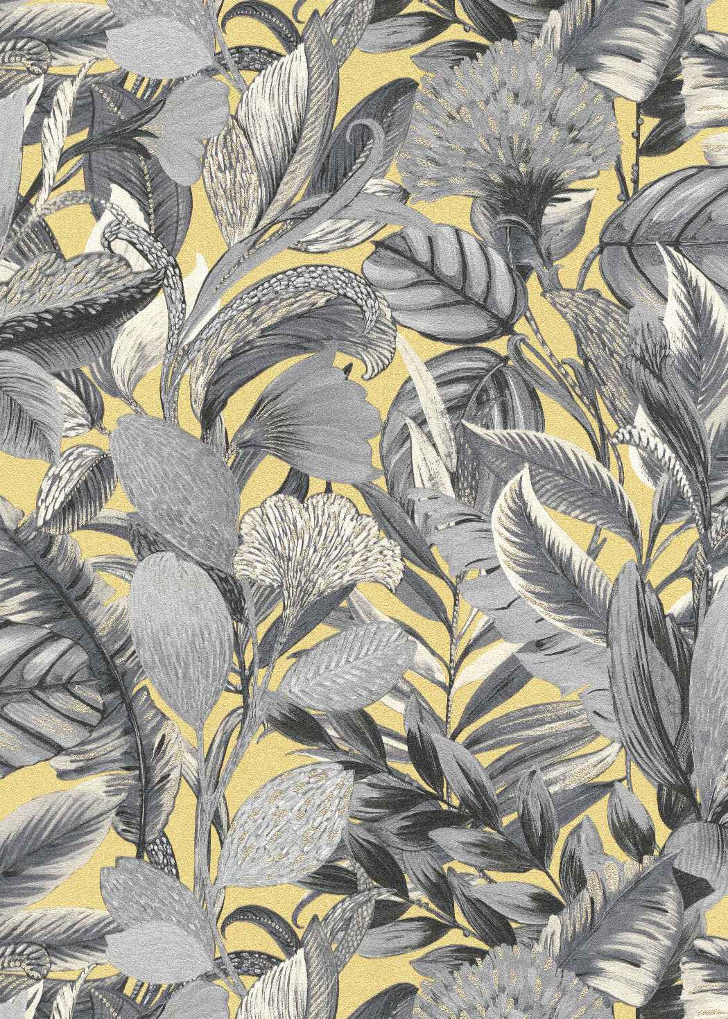 Sienu tapetes ar eksotisku lapu rakstu dzeltenos un pelēkos toņos, 3710467, piemērs 1
