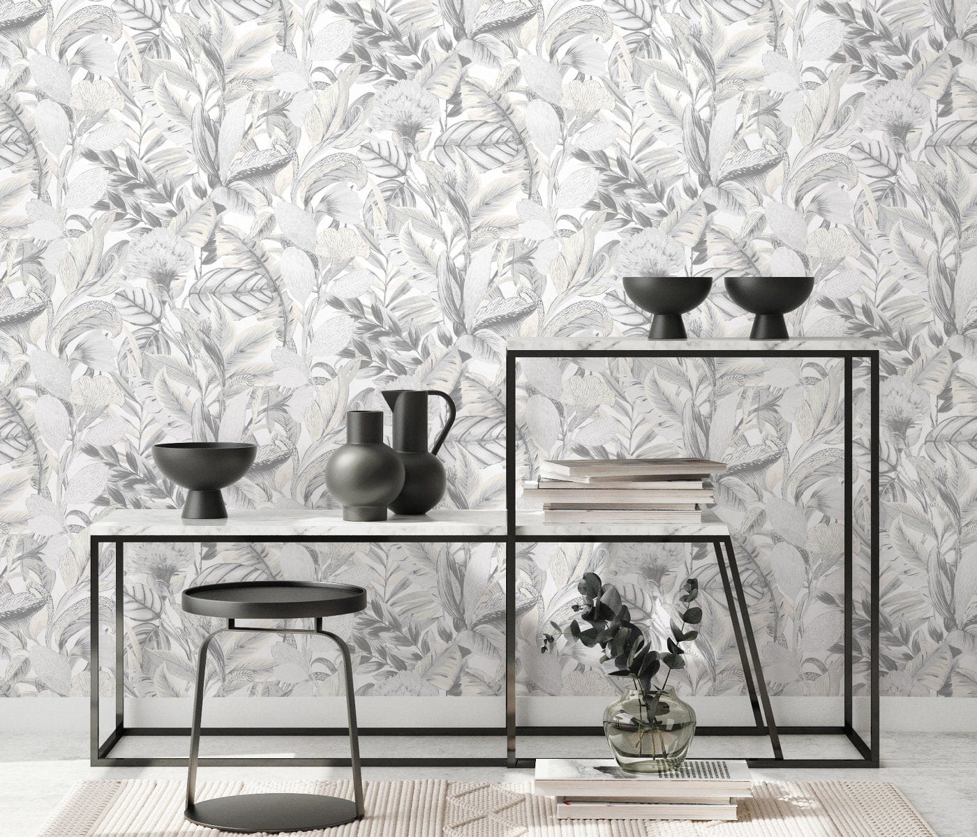 Pelēkas tapetes ar botānisku dizainu un eksotisku lapu motīvu modernai videi, 3710462, gaumīgs interjers 2