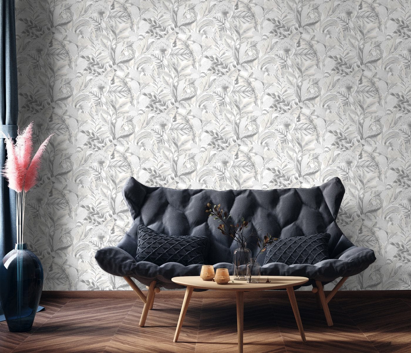 Pelēkas tapetes ar botānisku dizainu un eksotisku lapu motīvu modernai videi, 3710462, gaumīgs interjers 3