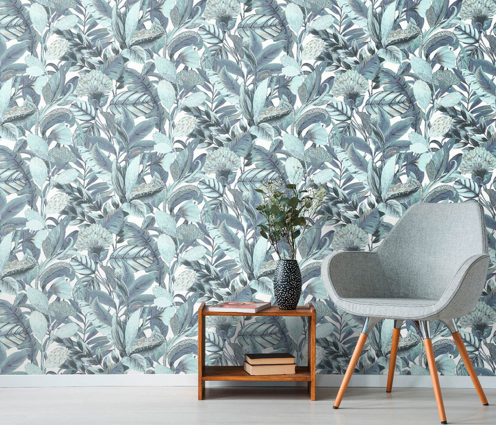 Tirkīza botāniskās tapetes ar izteiksmīgu eksotisku lapu dizainu, 3710472, piemērs 2