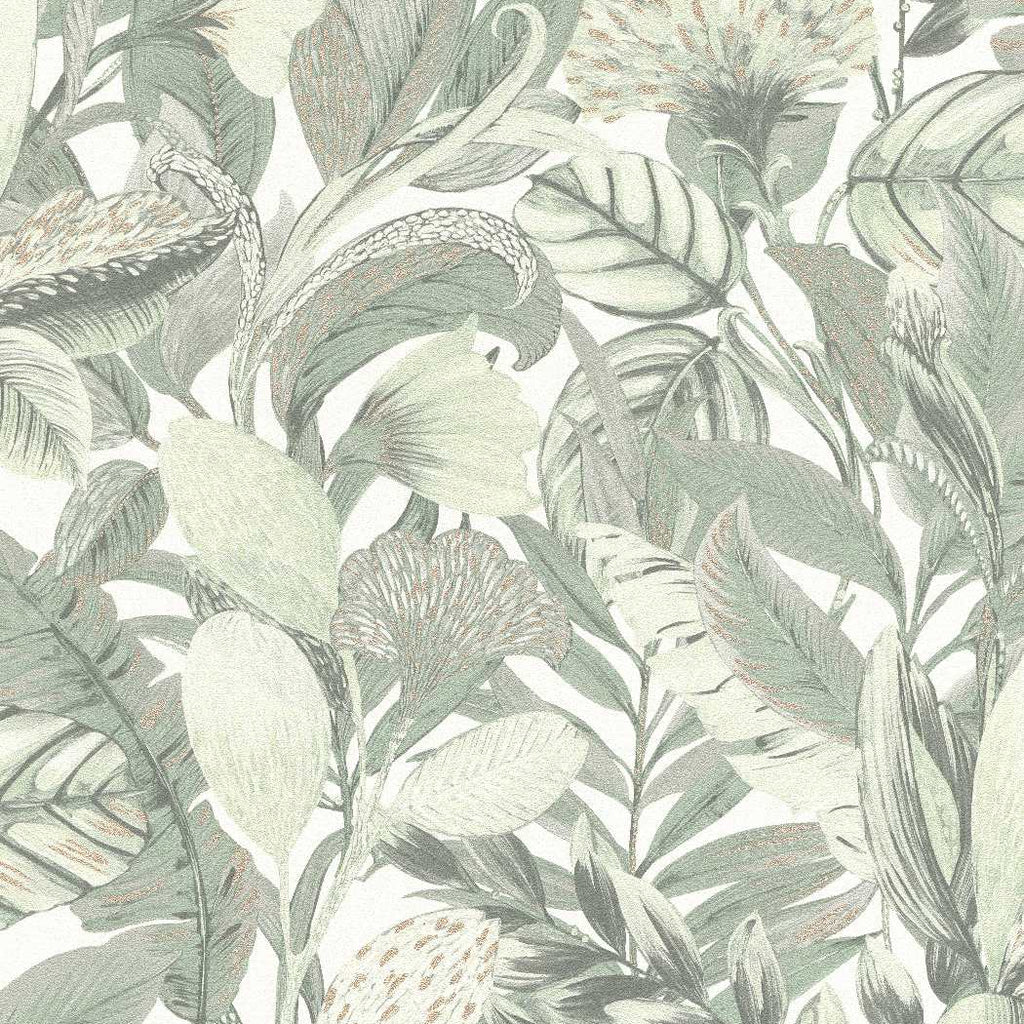 Zaļas botāniskās tapetes ar eksotisku lapu rakstu dabas iedvesmotam interjeram, 3710457, gaumīgs interjers 1