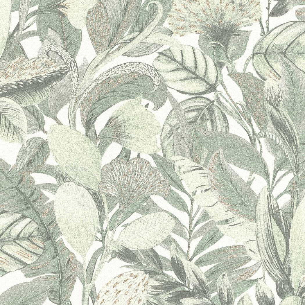 Zaļas botāniskās tapetes ar eksotisku lapu rakstu dabas iedvesmotam interjeram, 3710457, gaumīgs interjers 1