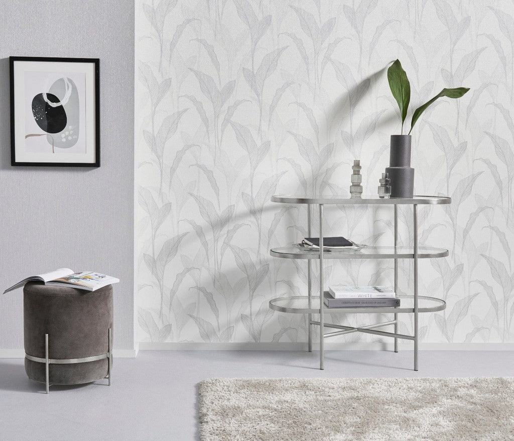 Baltas un sudraba botāniskās tapetes ar elegantu lapu rakstu un mirdzošu efektu, 3711473, piemērs 5