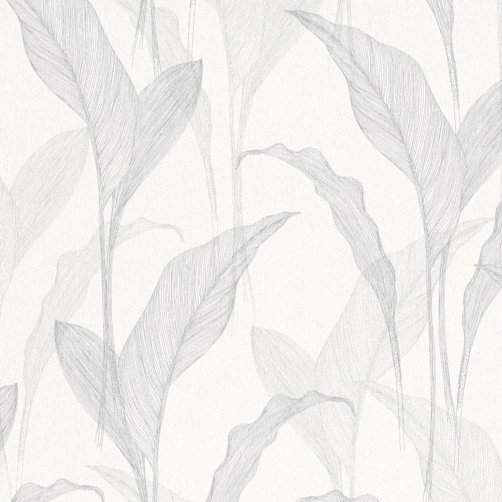 Baltas un sudraba botāniskās tapetes ar elegantu lapu rakstu un mirdzošu efektu, 3711473, piemērs 1