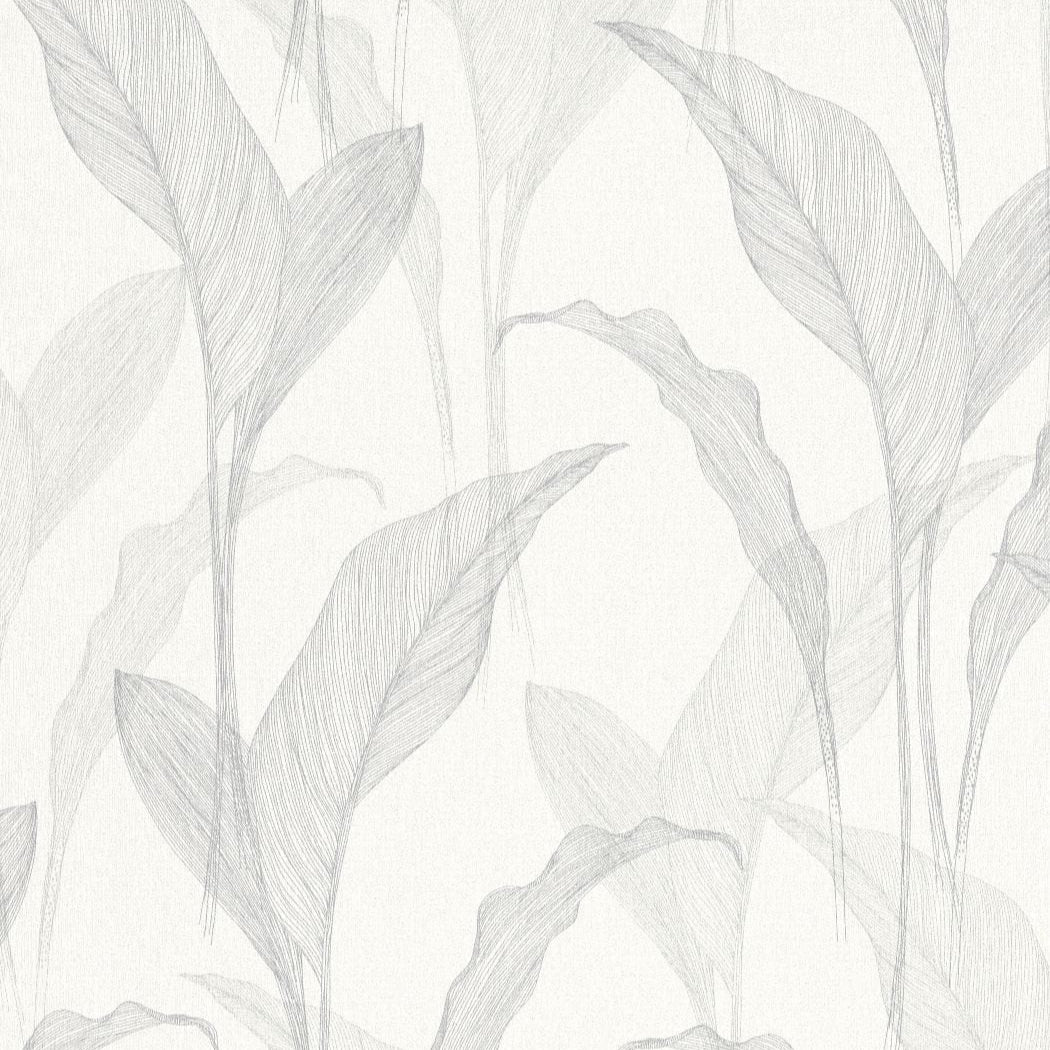 Baltas un sudraba botāniskās tapetes ar elegantu lapu rakstu un mirdzošu efektu, 3711473, piemērs 1