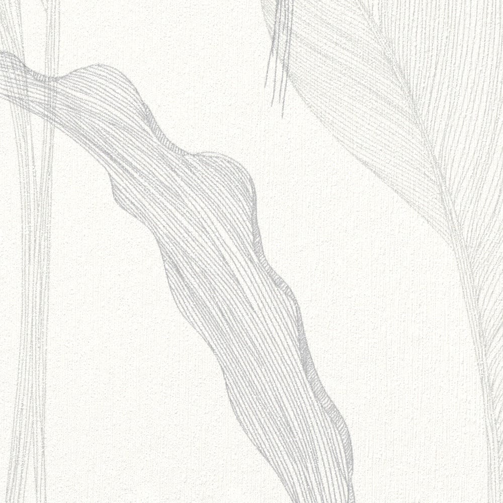 Baltas un sudraba botāniskās tapetes ar elegantu lapu rakstu un mirdzošu efektu, 3711473, piemērs 3