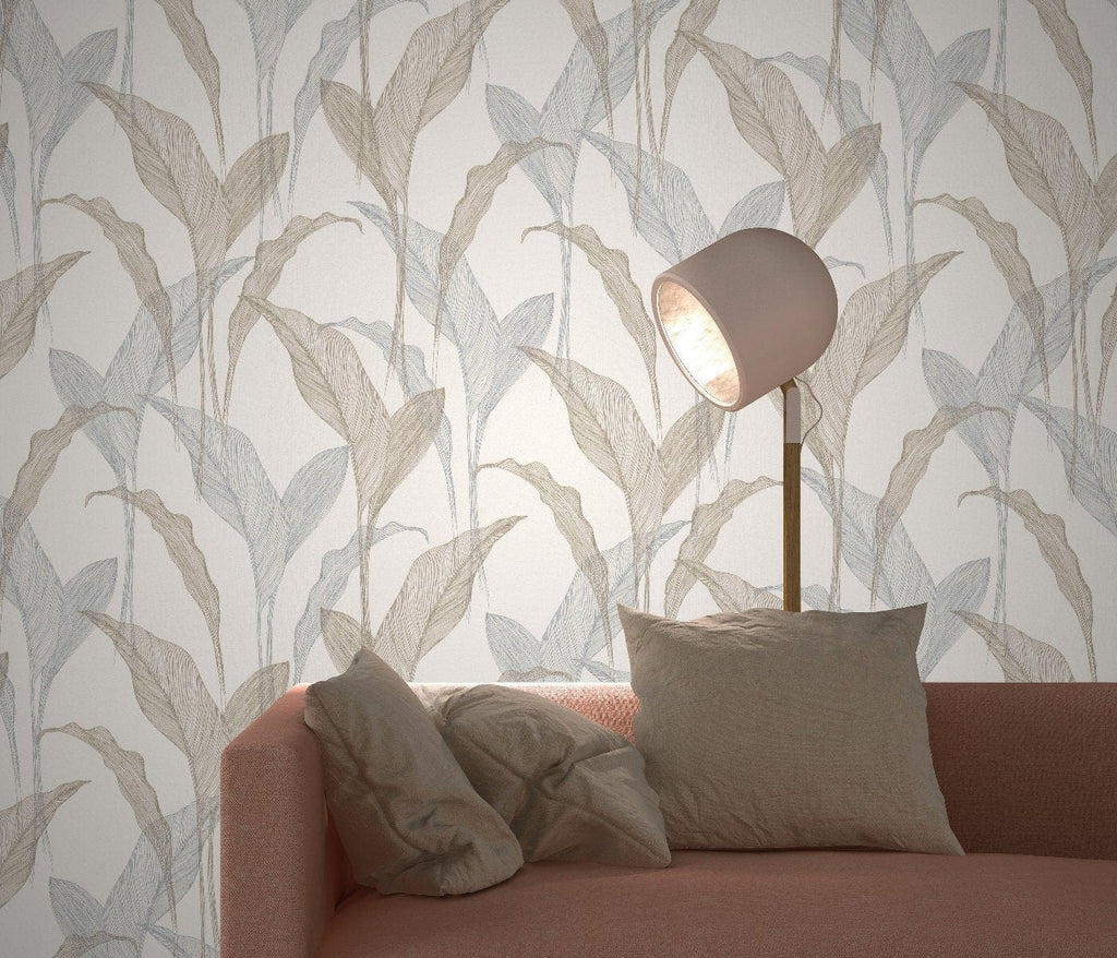 Krēmkrāsas tapetes ar sudraba lapu dizainu greznai sienu apdarei, 3711444, piemērs 2