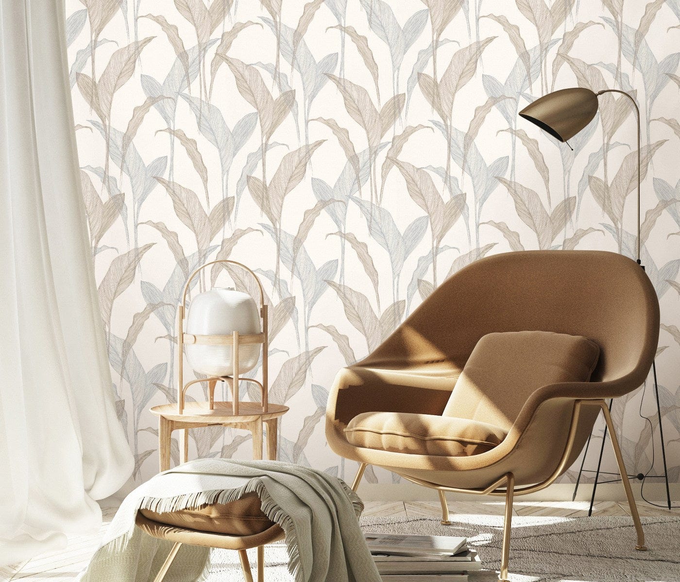 Krēmkrāsas tapetes ar sudraba lapu dizainu greznai sienu apdarei, 3711444, piemērs 4