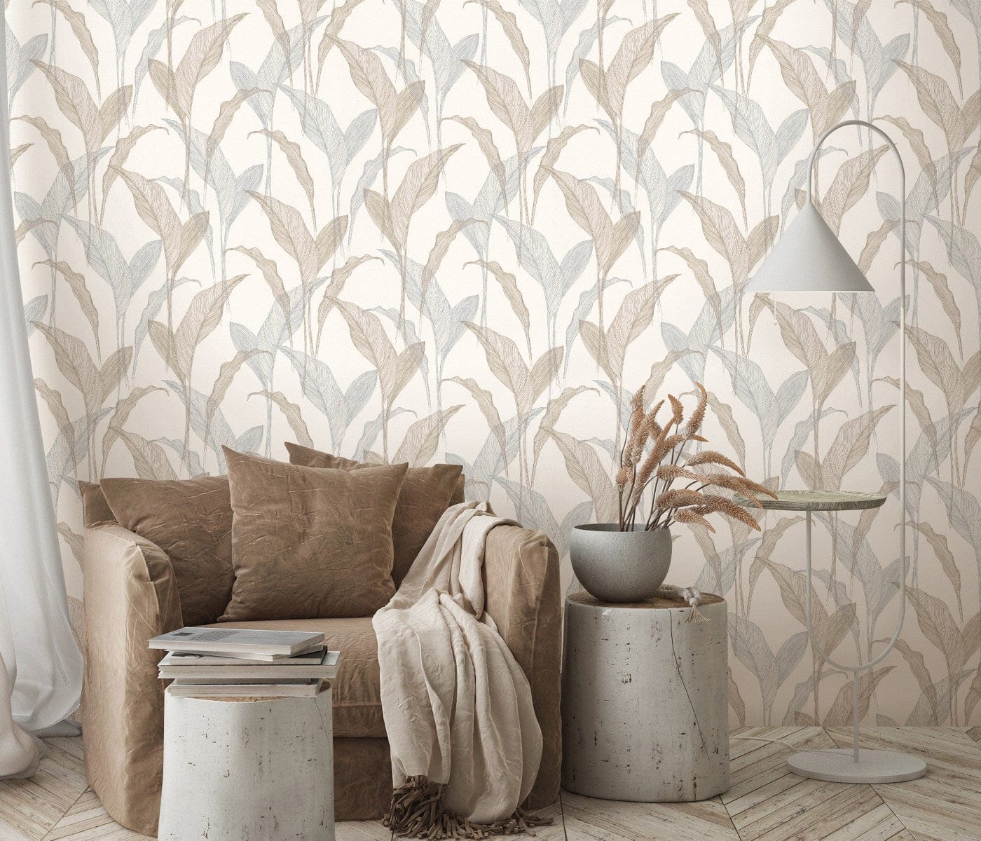 Krēmkrāsas tapetes ar sudraba lapu dizainu greznai sienu apdarei, 3711444, piemērs 3
