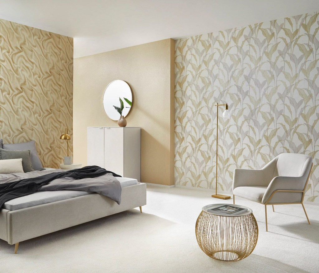 Zelta, krēmkrāsas un bēšas tapetes ar elegantu lapu motīvu botāniskajā stilā, 3711436, piemērs 2