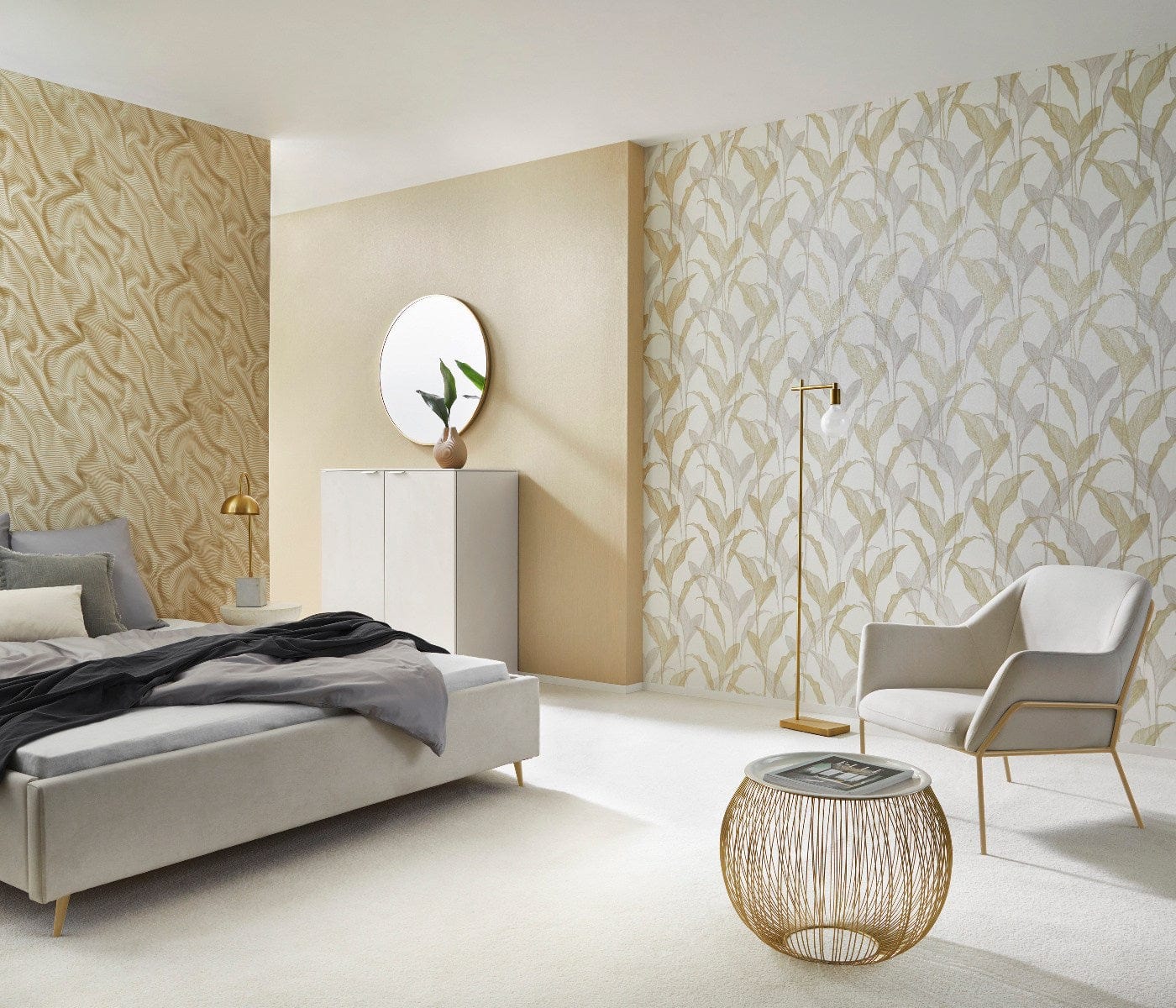 Zelta, krēmkrāsas un bēšas tapetes ar elegantu lapu motīvu botāniskajā stilā, 3711436, piemērs 2