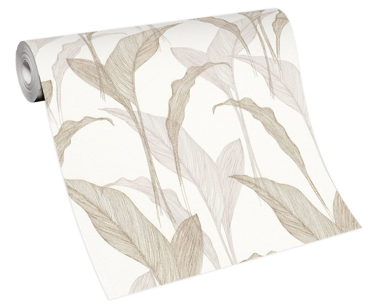 Zelta, krēmkrāsas un bēšas tapetes ar elegantu lapu motīvu botāniskajā stilā, 3711436, piemērs 6