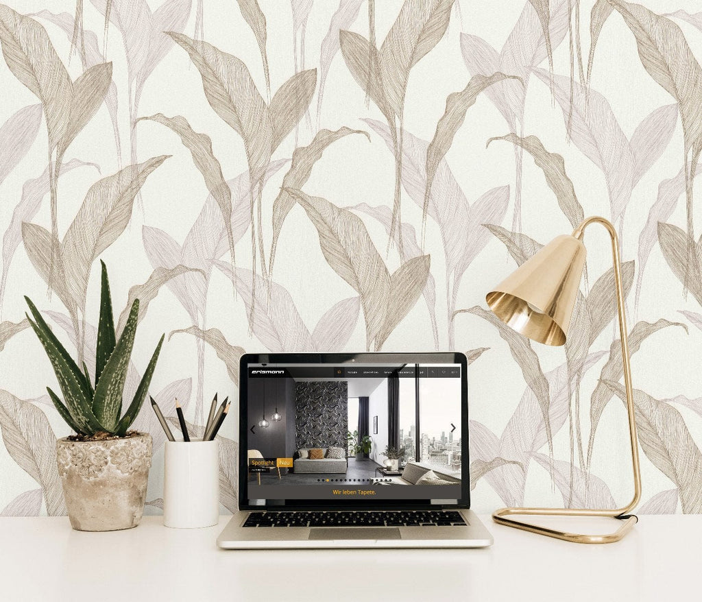 Zelta, krēmkrāsas un bēšas tapetes ar elegantu lapu motīvu botāniskajā stilā, 3711436, piemērs 3